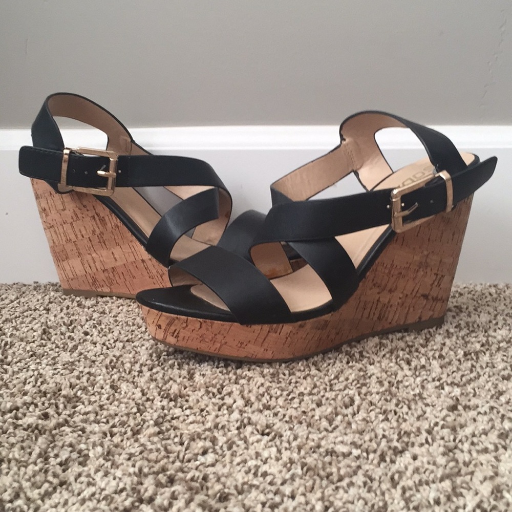 Soda Black Strap Cork Wedges